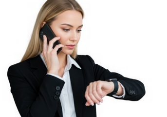 Businesswoman checking smartwatch while talking on phone isolated on transparent background