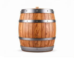 Obraz premium Detailed Wooden Barrel with Metal Hoops on a White Background in Studio Lighting