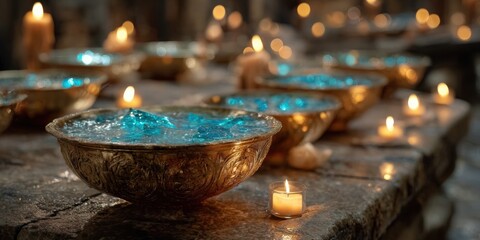 Ornate bowls filled with shimmering blue liquid, lit by warm candlelight