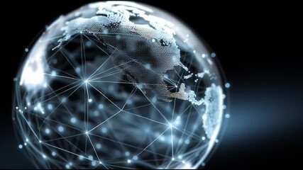 A transparent globe highlights continents with light trails symbolizing connections and networks. The modern design showcases technological advancement in communications. - Powered by Adobe