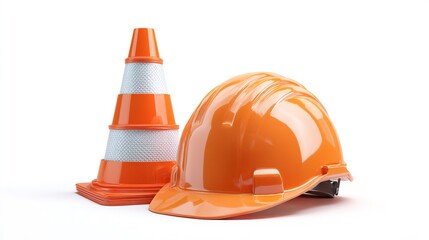 Orange Safety Helmet and Traffic Cone, Showing Construction Safety Protection Scene