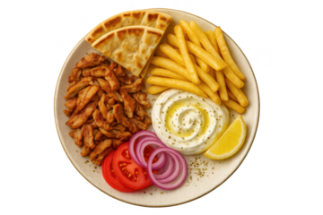 Chicken gyros, fries, pita, tzatziki isolated on transparent background