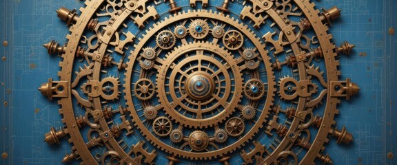 Brass and Copper Tones Define a Mandala Constructed from Interlocking Gears, Against a Blueprint Background.