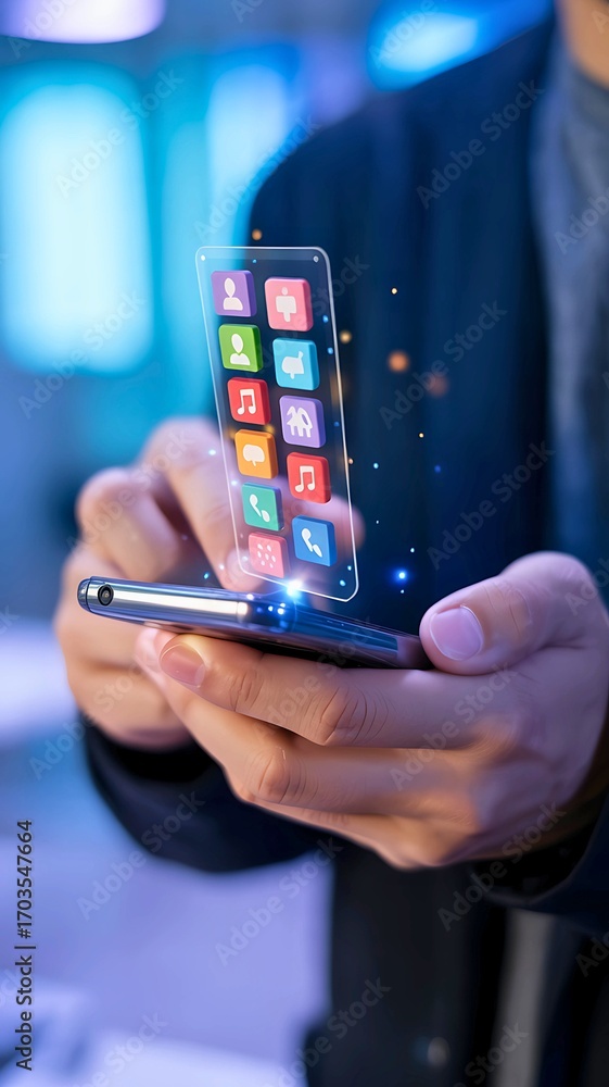 Aufkleber futuristic concept of a person using a smartphone with a transparent holographic screen projecting a