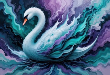  Emerald Swan Abstract Painting of a Swan with an Abstract Emerald and Amethyst Bloom, in Fluid Forms