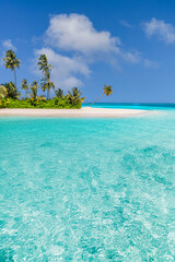 Gorgeous tropical island paradise with palm trees, calm ocean lagoon and blue sky horizon, peaceful exotic beach perfect. Summer vacation, travel and tropical nature background. Dream wall art tourism