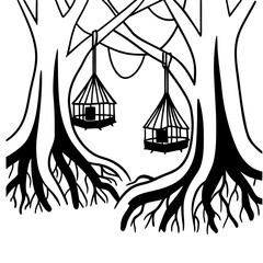 Minimilist black and white illustration of trees with hanging birdcages in a forest like environment scene vector