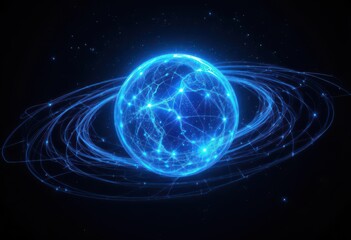 Obraz premium Cosmic Cartographer State of the Art Satellite Examining a Resplendent Azure Sphere, Surrounded by Luminous Blue Navigation Lines