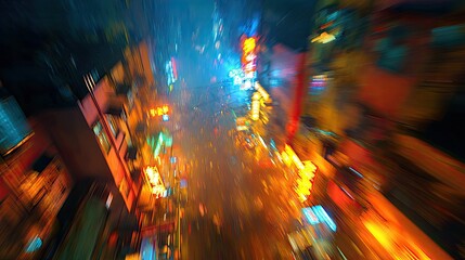 A dynamic, high-angle, motion-blurred shot of a vibrant city at night, showcasing a dense collection of colorful lights and buildings