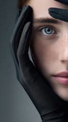 Macro shot of womans face framed by matte black background