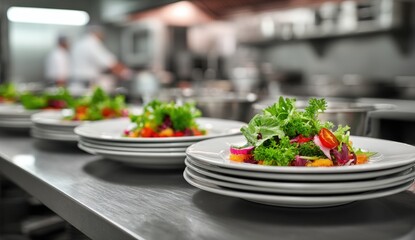 Stacks of plates with fresh salad in a commercial kitchen