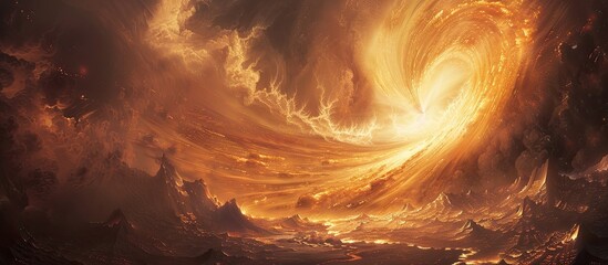 A swirling vortex of fiery orange and yellow clouds dominates a dark, mountainous landscape, creating a dramatic and intense scene