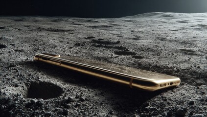 Golden smartphone on lunar surface