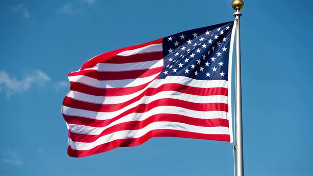 American Flag Waving Against Clear Blue Sky