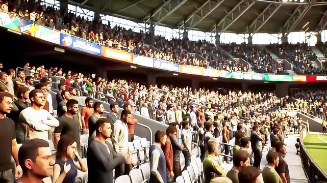 Crowd of diverse spectators cheering and clapping in a large indoor stadium during a sporting event