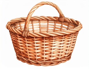 Obraz premium Wicker Basket Isolated on White Background with Round Form and Wooden Handle