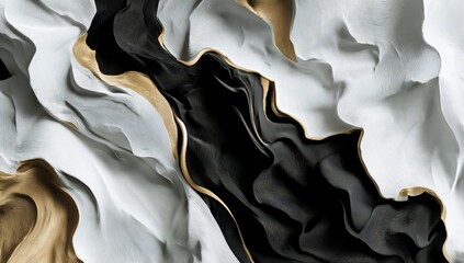 Abstract swirling shapes of black, white, and gold