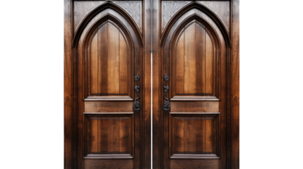 Antique wooden double church doors with arched panels and vintage handles isolated on white background