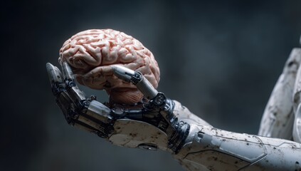 Robotic hand holding a brain against a dark background