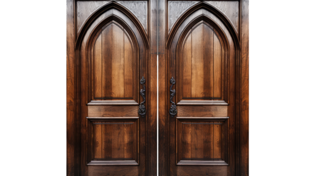 Antique wooden double church doors with arched panels and vintage handles isolated on white background