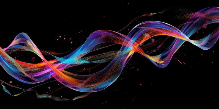 Vibrant, multicolored ribbons intertwine and flow across a black background, interspersed with sparkling dust particles - Powered by Adobe