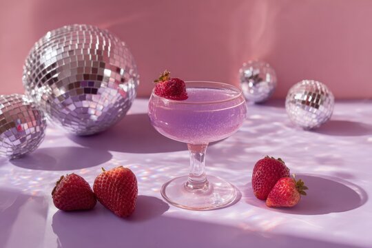 Pink cocktail with strawberries and disco balls