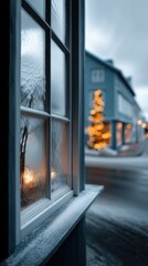 Cozy village street with glowing christmas tree at night