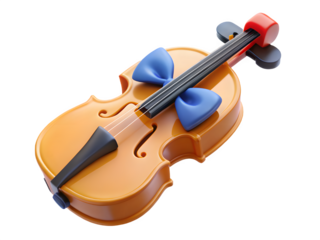 Whimsical violin cake decoration with blue bows on black background