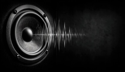Close-up of a black speaker emitting a sound wave against a dark background