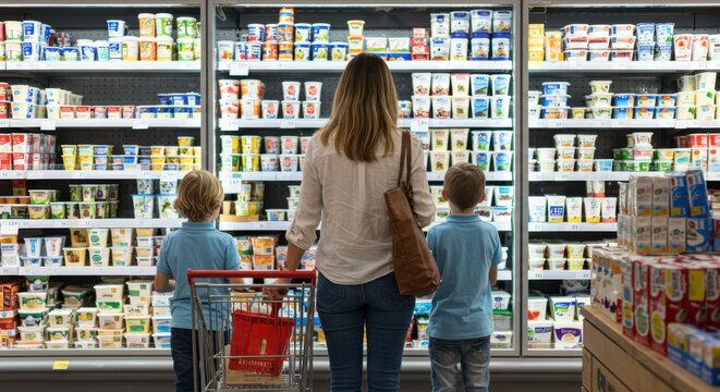 Family Shopping in Supermarket – Choosing Dairy Products 