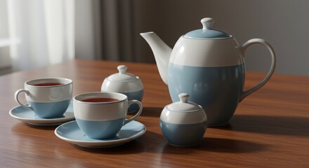 Fototapeta premium Elegant Tea Set with Teapot and Cups on a Wooden Table Surface