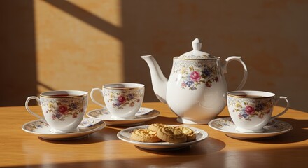 Elegant Vintage Tea Set with Cookies on Wooden Table