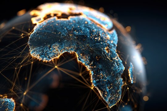 Close-up globe, Africa highlighted, digital network