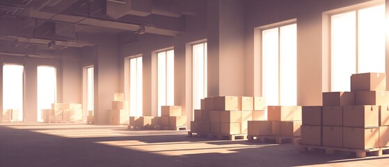 Spacious and Bright Warehouse Interior with Lots of Cartons Stacked, Showing Logistics and Warehousing Scene