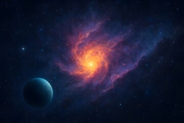 Obraz premium Glowing nebula and distant planet in deep space