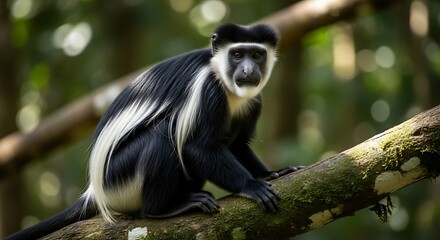 Fototapeta premium Mantled Guereza Monkey Perched on Branch in Lush Forest.