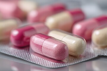Close-up of pink and cream capsules in blister pack
