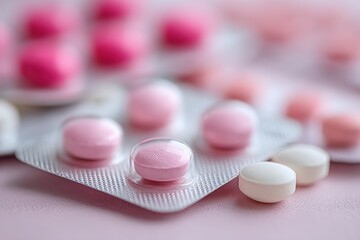 Close-up of assorted pills in blister packs