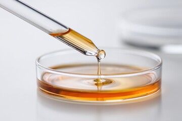 A clear glass dropper dispensing amber liquid into a petri dish