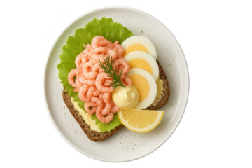 Open shrimp sandwich on plate isolated on transparent background, appetizing food
