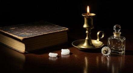 Antique Candle Holder, Book, Glass Bottle, and Two Sugar Cubes