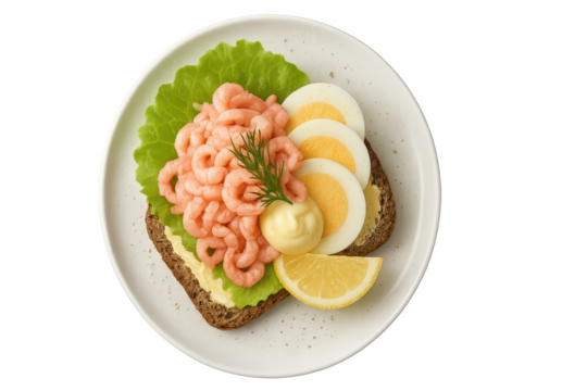 Open shrimp sandwich on plate isolated on transparent background, appetizing food