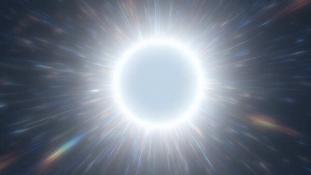 bold white core surrounded by sharp rainbow spikes and halo of drifting light dust