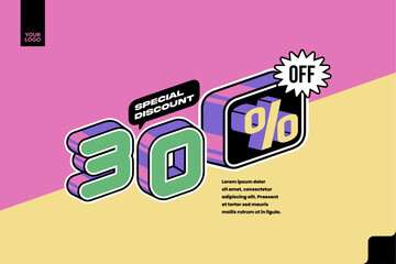30% Off Special Discount Banner with Retro Pop Art Style Sale Promotion on Colorful Background