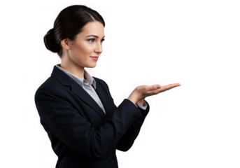 Businesswoman presenting with open hand isolated on transparent background