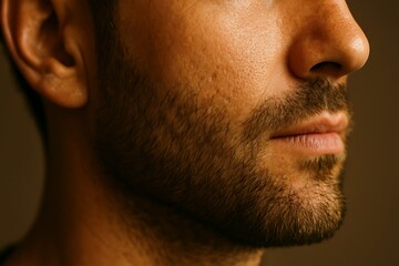 Obraz premium A close-up portrait of a man’s lower face reveals natural beard growth, skin pores, and subtle texture, emphasizing masculinity and raw authenticity.