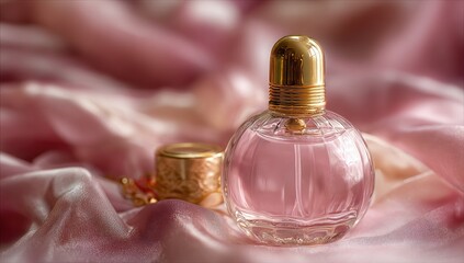 A round glass perfume bottle with a gold cap rests on pink silk fabric, a smaller gold cap lies beside it. The perfume is a pale pink