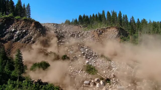 Mountain Side Collapses in Massive Landslide Near Evergreen Trees During the Daytime in the Cascade Mountain Range