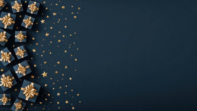 Dark navy gift boxes with gold ribbon and falling stars