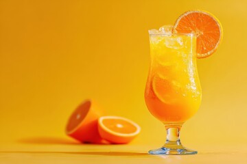 Fototapeta premium Orange juice cocktail in a tall glass, with orange slices on the rim and ice
